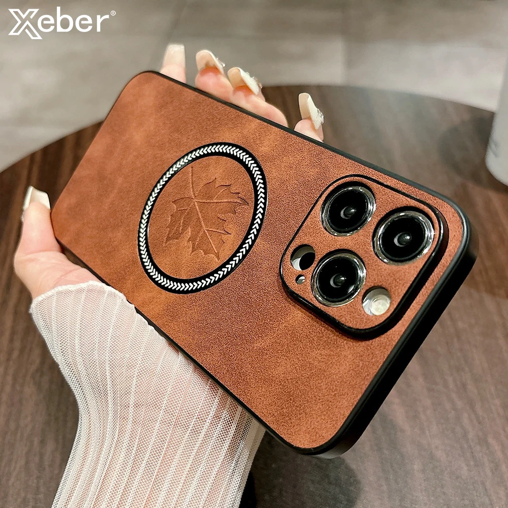 

Роскошный кожаный магнитный чехол с рисунком кленового листа для iPhone 16 Pro Max 15 14 Plus 13 12 11 XR XS Magsafe, мягкий силиконовый чехол