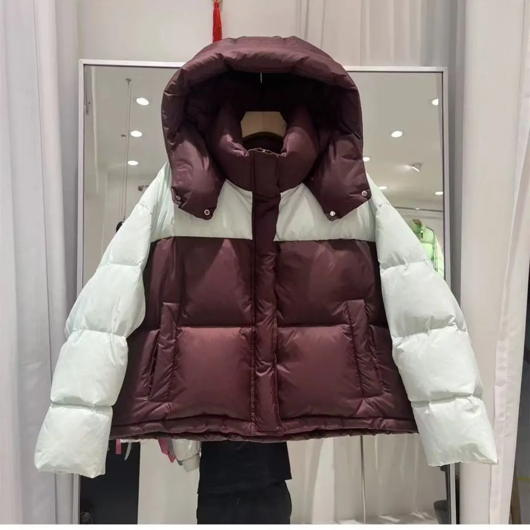 Winter New Women's Down Jacket Commuting Loose Color Blocked Hooded Short Jacket