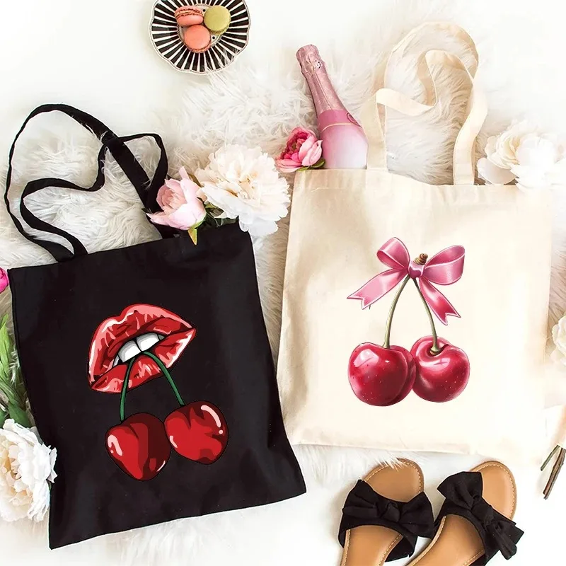 

Red Lips Cherry Pattern Tote Bag Eco Reusable Shopping Bag Ribbon Canvas Tote Bags Casual Fashion Women Shopping Bags