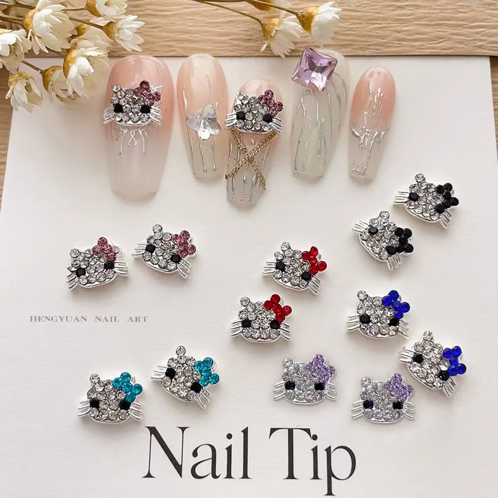 

10PCS Hot selling nail accessories, Japanese cartoon Hello Kitty alloy, full diamond three-dimensional cute cat nail decoration