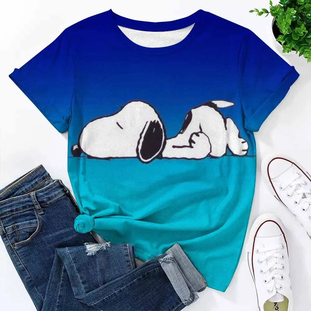 

MINISO Summer Women Fashion T-Shirt Cute Cartoon Snoopy Print Tops Tees Casual Streetwear Female Daily Outfit Harajuku Clothing