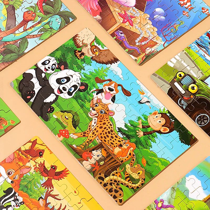 Bonitos rompecabezas de madera de 60 piezas con caja de hierro, rompecabezas de madera de animales de dibujos animados para niños, juguetes educativos para niños, regalos de navidad