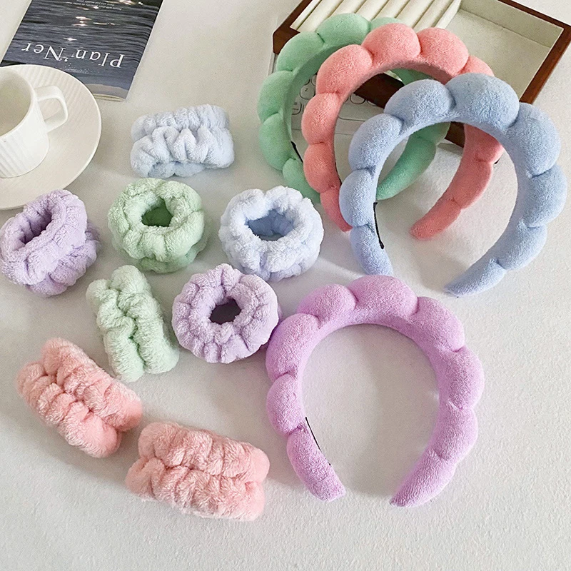 3PCS Spa Headband for Washing Face Wristband Set Sponge Makeup Headband Wrist Towels Bubble Hairband for Women Hair Accessories