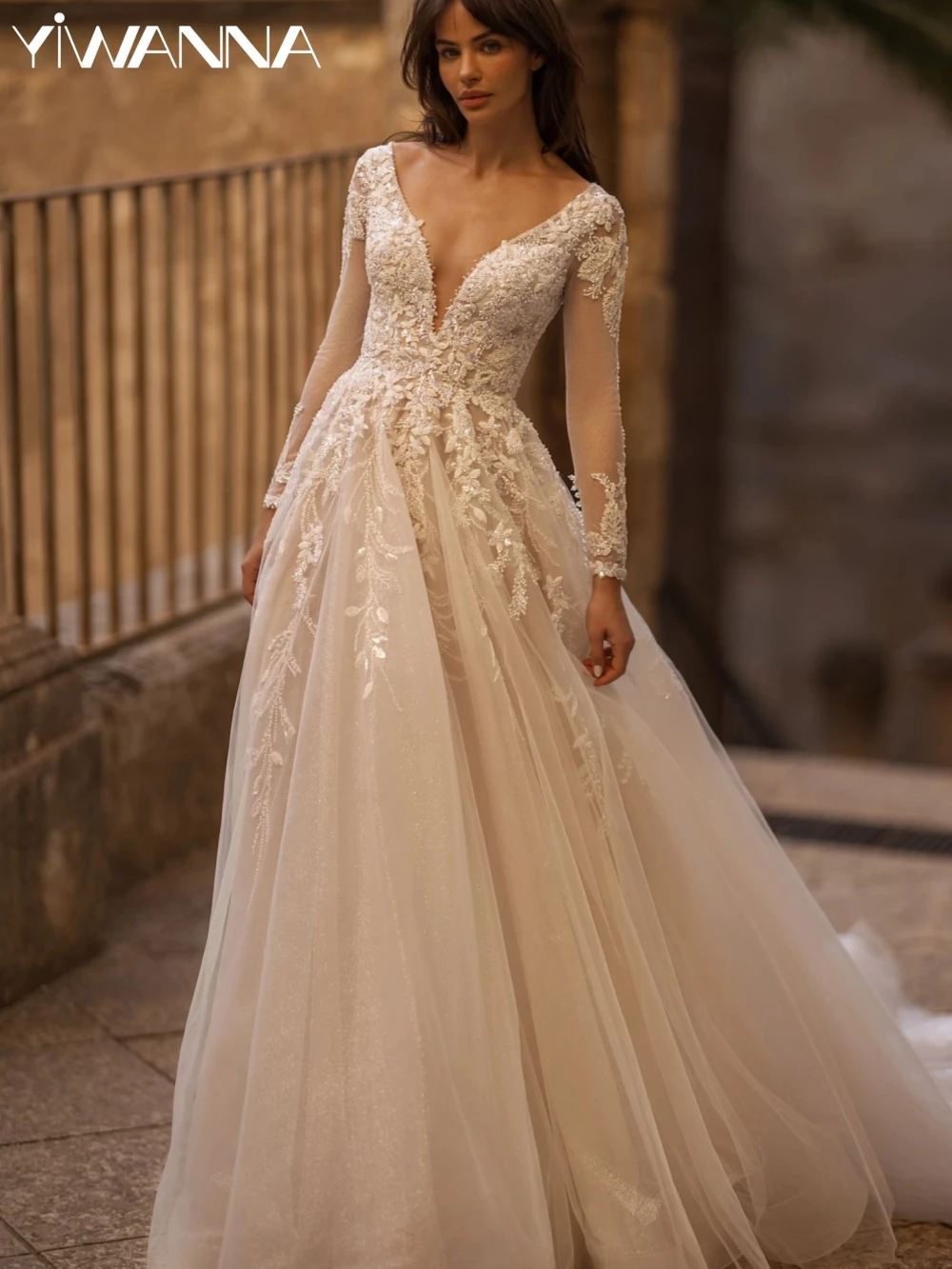 Vestido De novia con perlas y lentejuelas brillantes, vestido De novia Sexy con escote en V profundo, vestido De novia elegante Vintage De corte en A, bata personalizada De boda