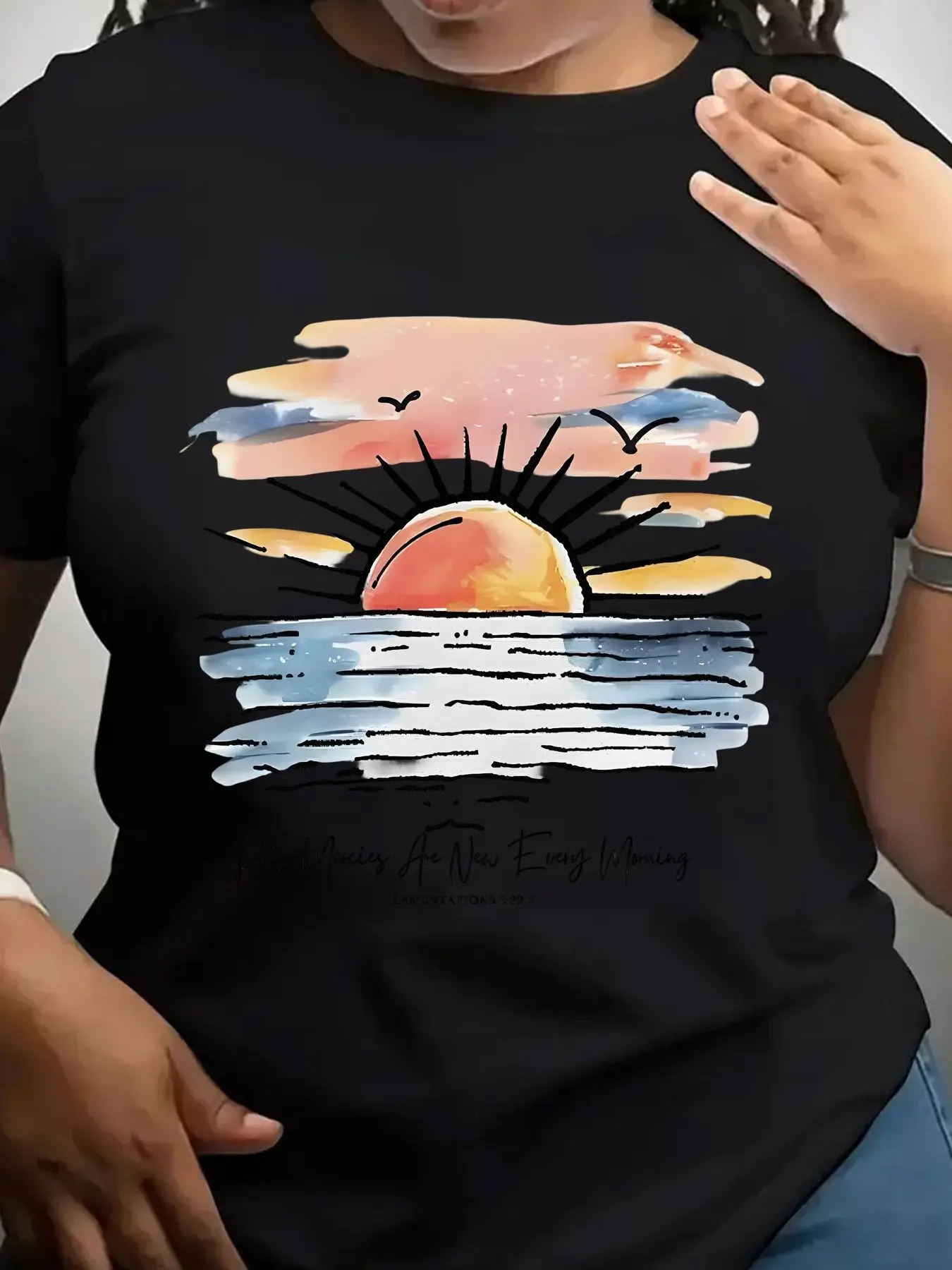 Women's Trendy Crew Neck T-Shirt Sunrise over Ocean Waves Design Suitable for Casual Sportswear