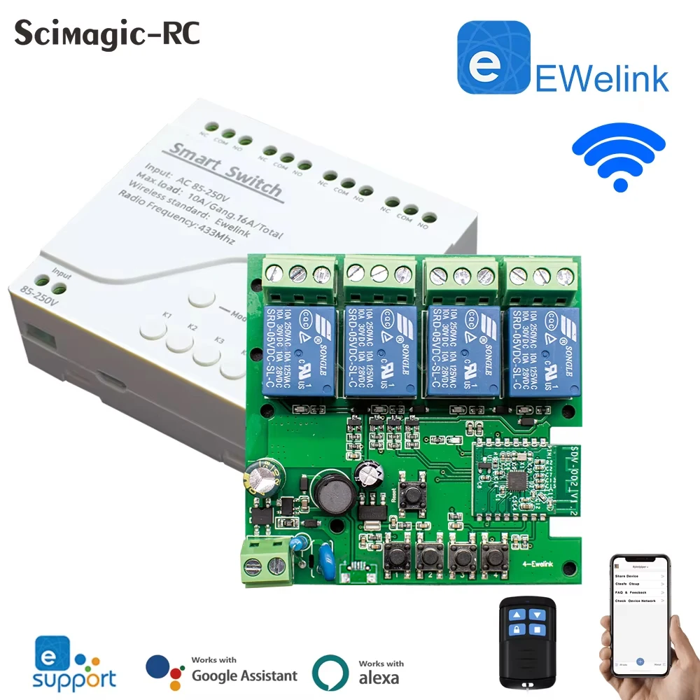 

4CH eWeLink Smart Wifi Switch Module 12V 24V 7-32V 220V 85V-250V 10A 4 Channels Relay Dry Contact Work With Alexa Google Home