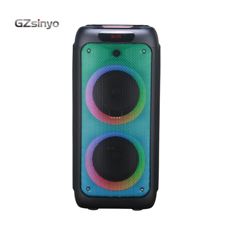 

double 8inch high sound quality with rotating colorful flame light effect portable trolley bt speaker with wireless mic