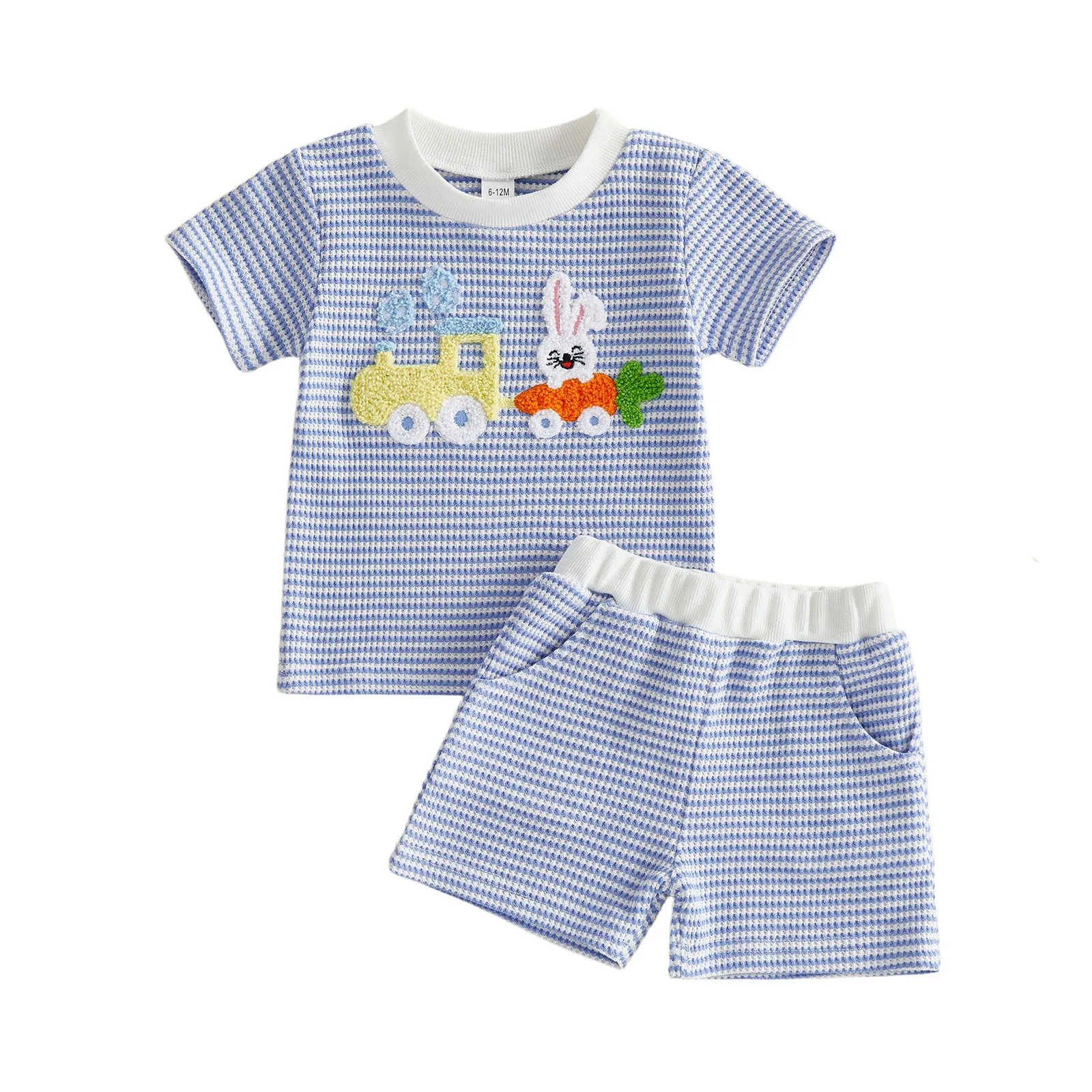 

Boys Easter Shorts Sets Short Sleeve O Neck Bunny Carrot Train Embroidery Tops and Striped Shorts