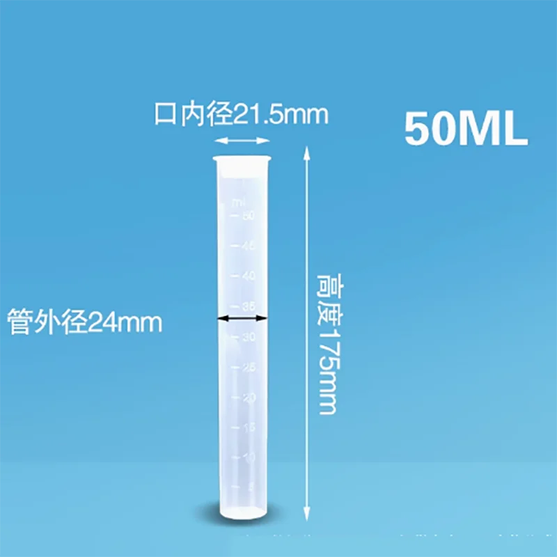 Tubo colorimétrico de plástico con scale10, 25, 50, 100ml, PP, sin boro, tubo de ensayo de fondo plano con tapa, 10 unidades