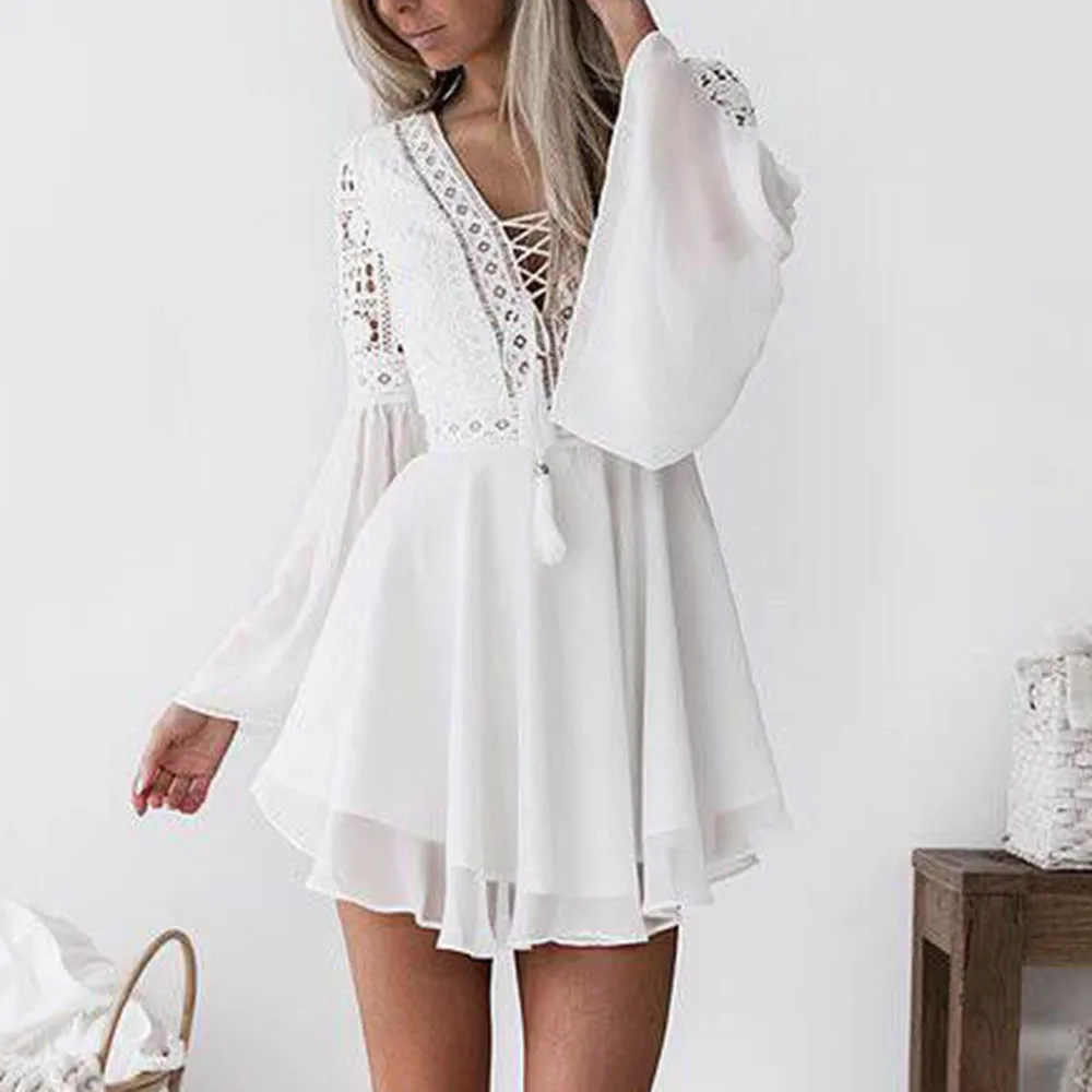 

Women Sexy Lace Hollow Dress Milk White Soft Comfortable Dress V-Neck Loose Long-Sleeved Short Sexy Dress Simple Fashion Dress