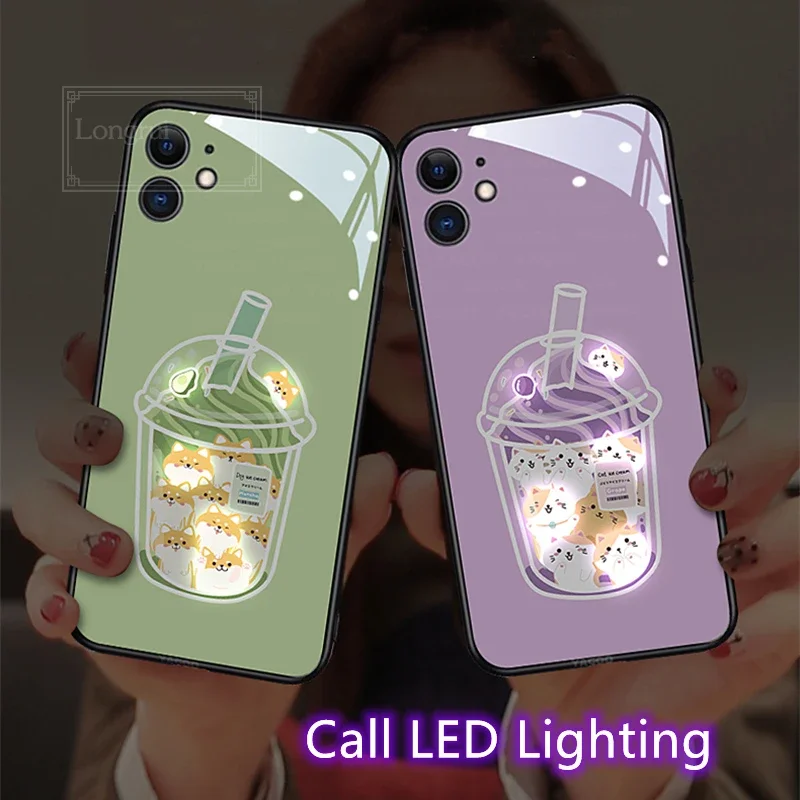 

Cute Boba Milk tea Luminous Phone Case for iPhone 13 12 14 Pro 11 Pro XS Max X 8 7 15 16 Plus Cat Call Light Funny Cartoon Cover