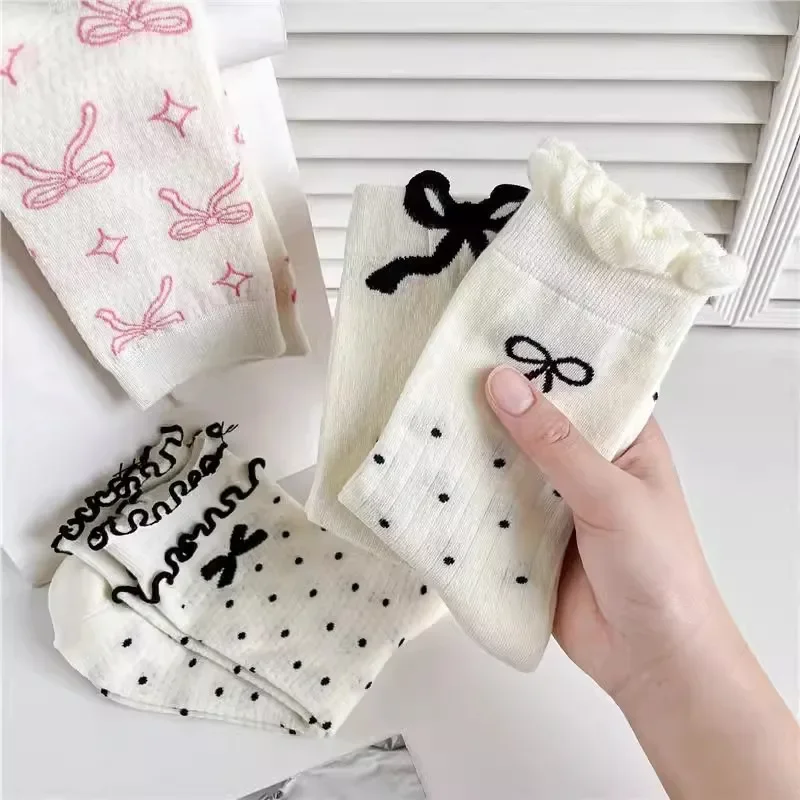 New Lolita Bow Socks White Bow Lace Socks Middle Tube Japanese College Style Princess Socks Sweet JK Streetwear Hosiery Stock