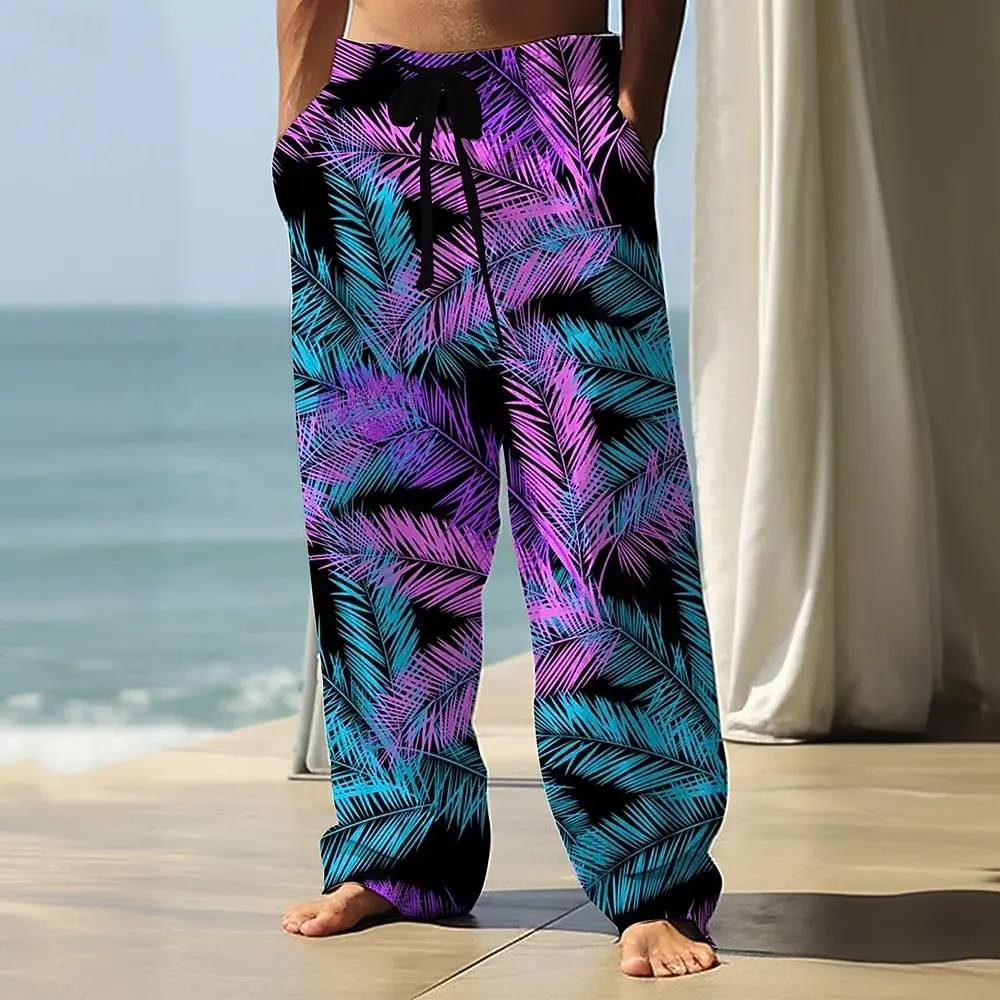 

Винтажные мужские пляжные брюки с неоновым принтом пальмовых листьев, на завязках, с завязками на щиколотках, повседневные, для летнего отдыха, свободные, в гавайском стиле