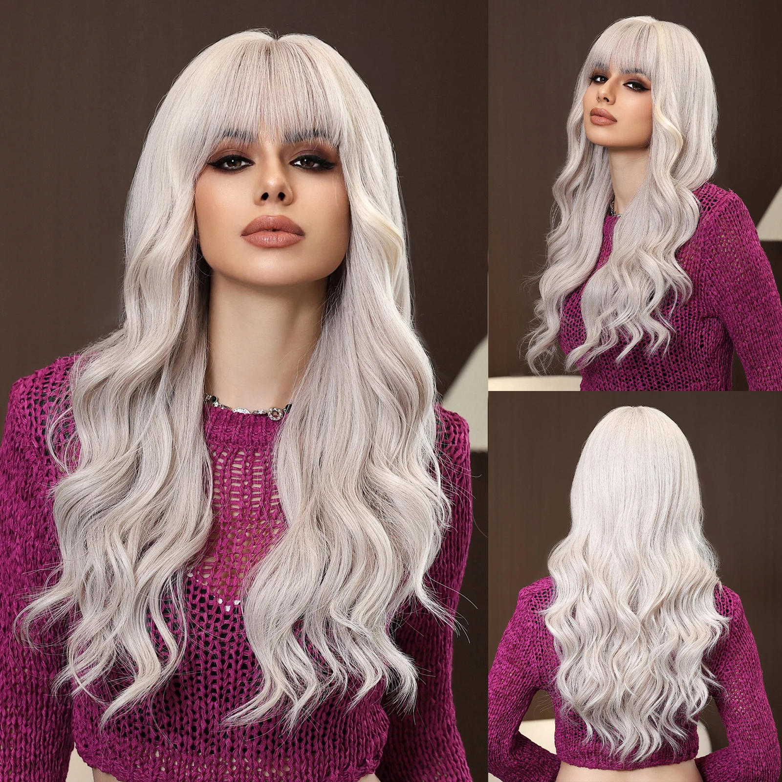 

Synthetic Long Wavy White Blonde Wigs with Bangs for Black Women Copslay Party Use Wig Natural Fake Hair Heat Resistant Fibre