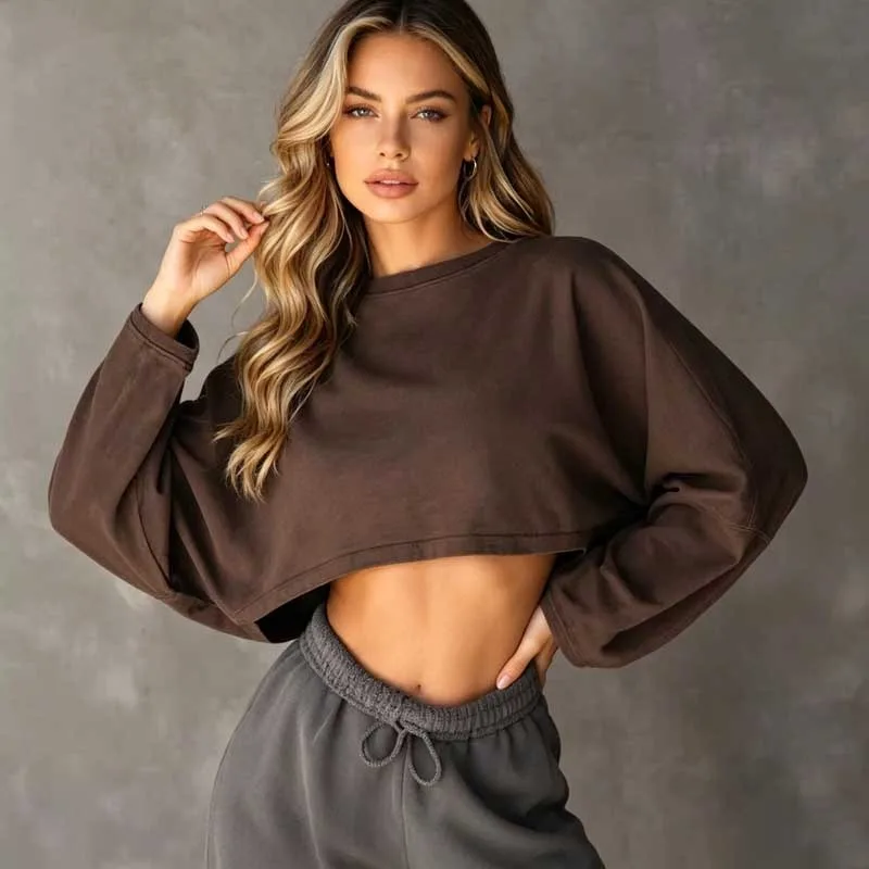 2026 Round Neck Cropped Sweatshirt Women Loose Sports Base Layer T-shirt Casual Long Sleeve Solid Basic Short Top Fashion Tees