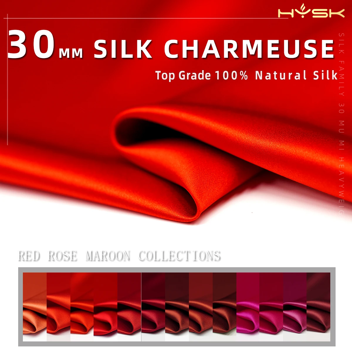 HYSK chinese red range silk top Grade 30MM 120 multi color red moroccan rose Dyed Charmeuse natural 100% pure Silk satin Fabric