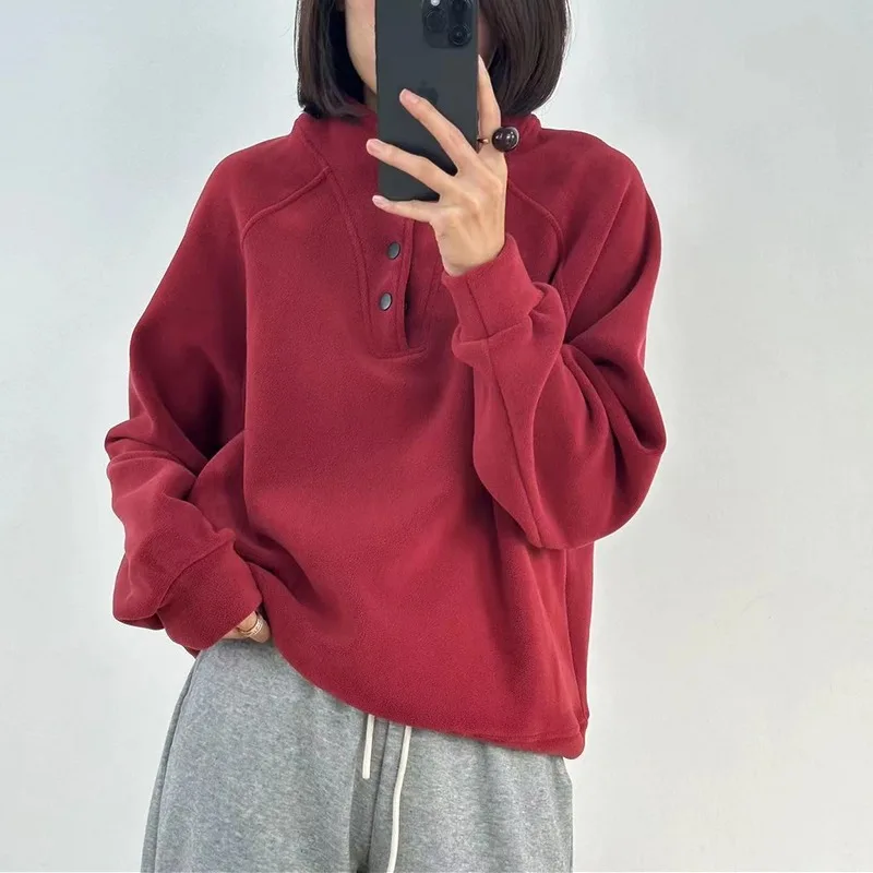 Kein Hut Hoodies Frauen Herbst College Grundlegende Feste Beiläufige Alle-spiel Stehkragen Taste Trendy High Street Koreanischen Stil mujer Gemütliche