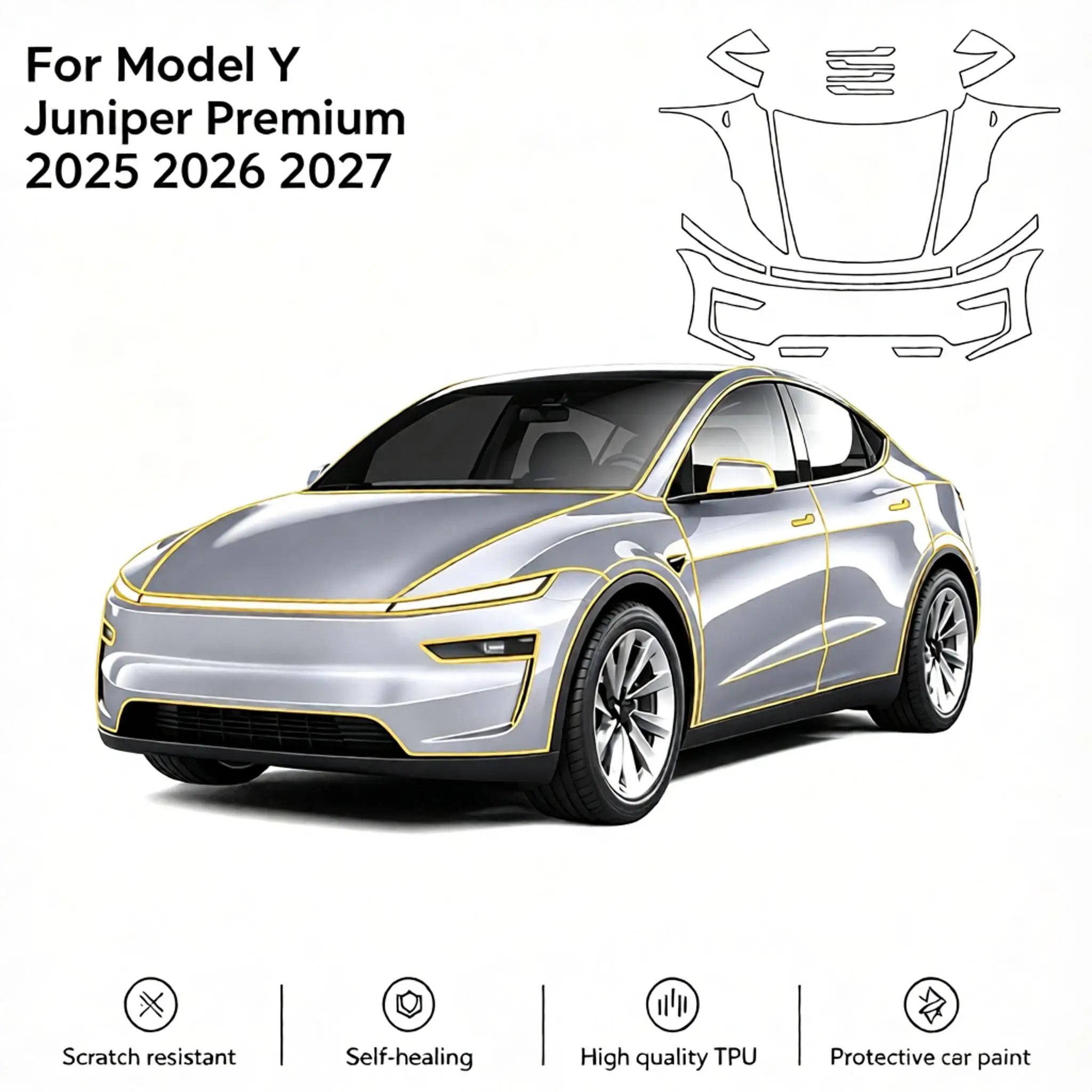For Model Y Juniper Premium 2025 2026 2027 9Mil TPU Paint Protective Film Scratch-Resistant Self-Healing Invisible Pre-cut PPF