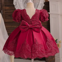 Lace Red Christmas Dress Girls New Years Costumes Elegant Kids Backless Ceremony Prom Gown Princess Birthday Baptism Party Dress