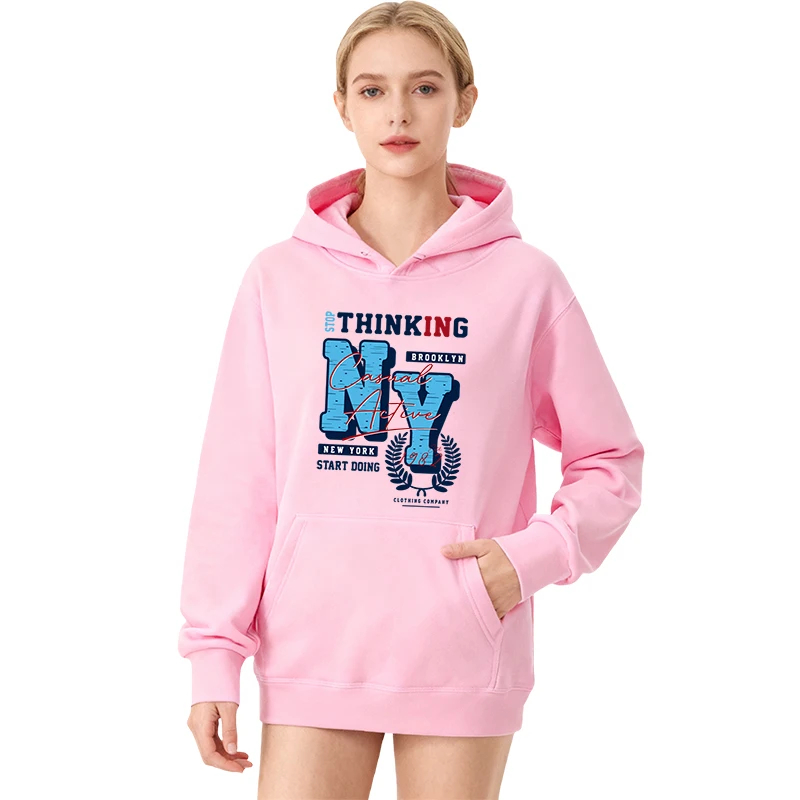 Felpa con cappuccio grafica con stampa di lettere NY da donna, vestibilità ampia, in poliestere, leggera, primavera autunno