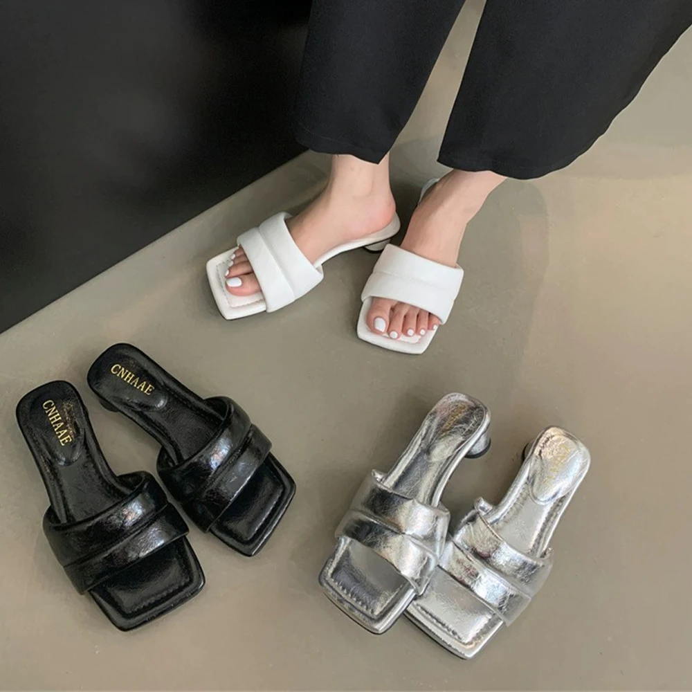 2025 Summer New Women's Square Open Toe Heeled Two Strap Leather Mules Block Heels Sandals Slip On Slides Slippers Kitten Heels