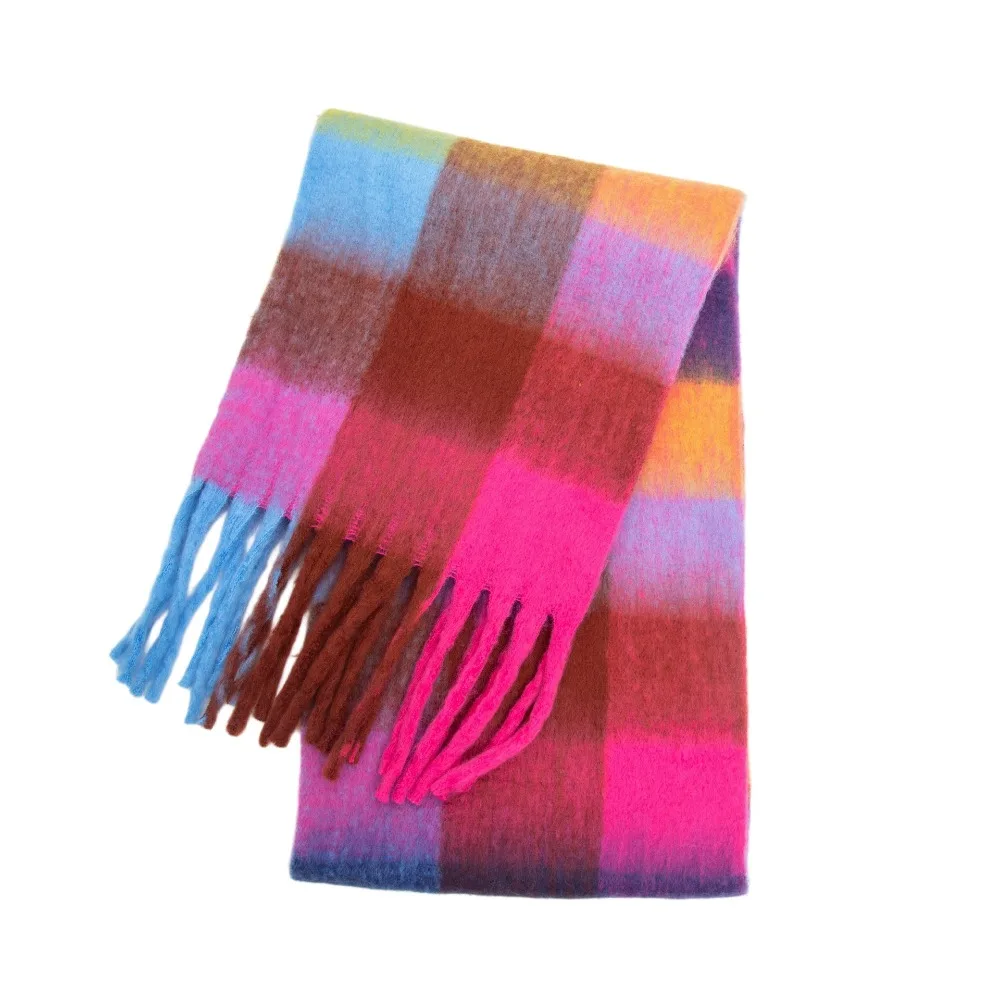 Simple Mohair Plaid Wool Scarf Thick Rainbow Tassel Shawl Imitation Cashmere Long Warm Wraps Girl
