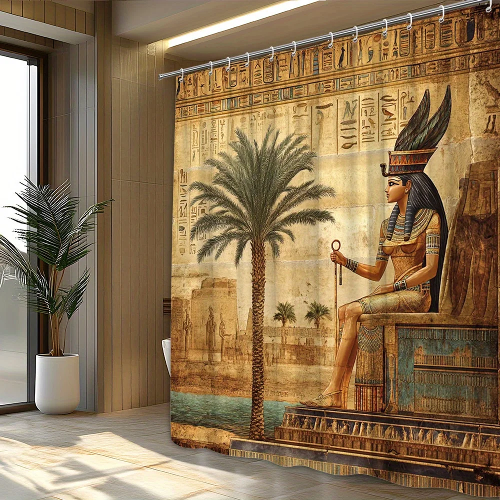 Vintage Egyptian Pharaoh Art Shower Curtain Waterproof Bathroom Decor Ancient Nile Hieroglyphic Tapestry Tropical Jungle