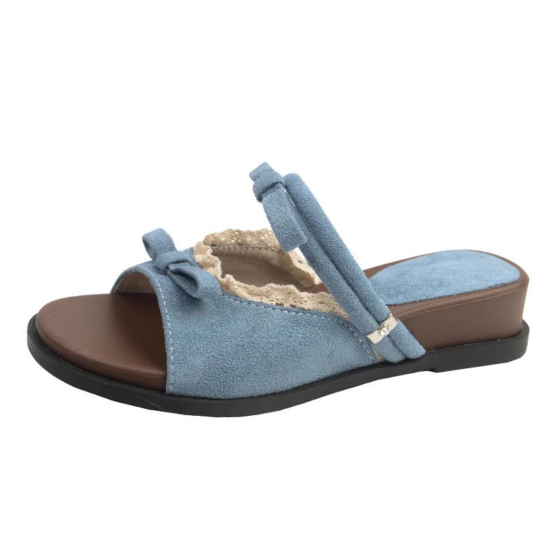 

New Korean Sweet Blue Faux Suede Leather Sandals Women Double Bow Lace Trim Low Wedge Slip On Shoes Woman Slides Slipper Sandals