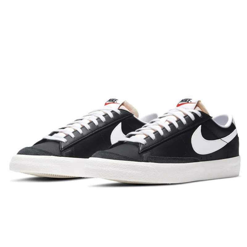 Nike Blazer Low 77 sepatu Skateboard pria wanita, sepatu sneaker datar klasik kulit asli hitam antiselip nyaman