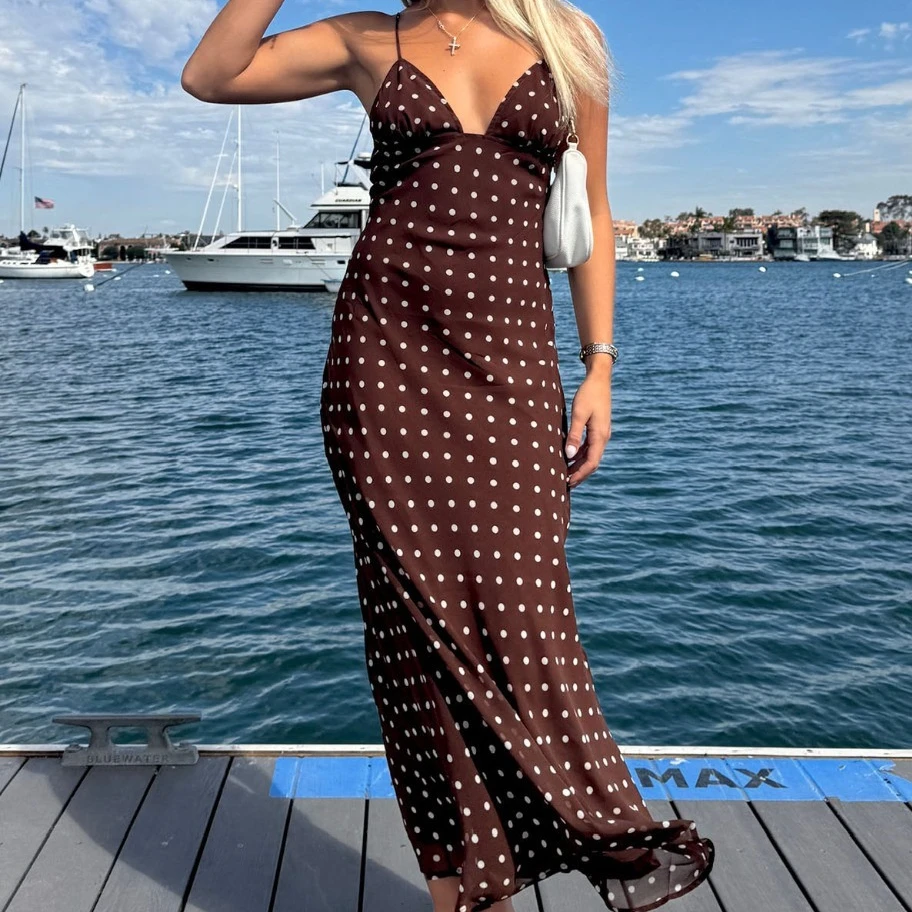 Vestido elegante sem mangas com bolinhas, vestido longo regata feminino, verão, moda, costas nuas, alça espaguete, vestido plissado com cachecol