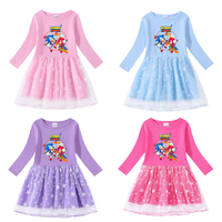 Sonic Spring and Autumn New Girls Cute Dress Cotton Printed Cartoon Star Moon Mesh Long Sleeve Princess Dress Gifts