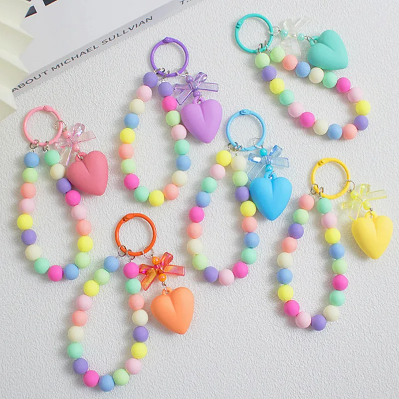 Fresh Colorful Bow Heart Round Bead Pendant Keychain for Women Lovely Acrylic Mobile Phone Chain Backpack Access