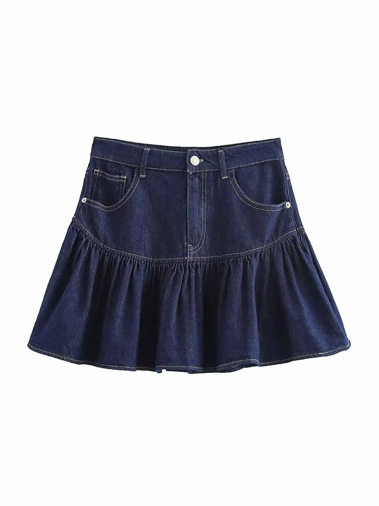 

2024 autumn new European and American style American fashion A-line denim mid-waist wide hem short skirt for women
