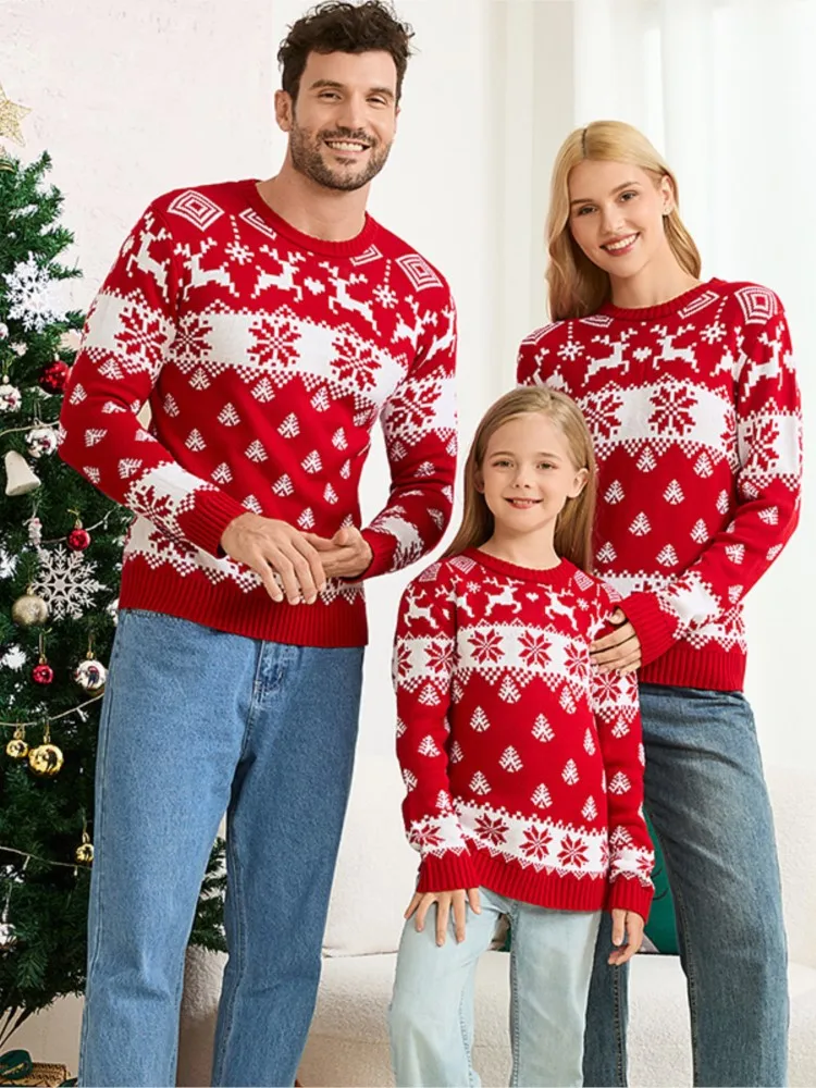 

Casual New O Neck Knitted Sweater Christmas Parent-child Outfit Winter Long-sleeve Christmas Elk Sweater Pullover Women Clothes