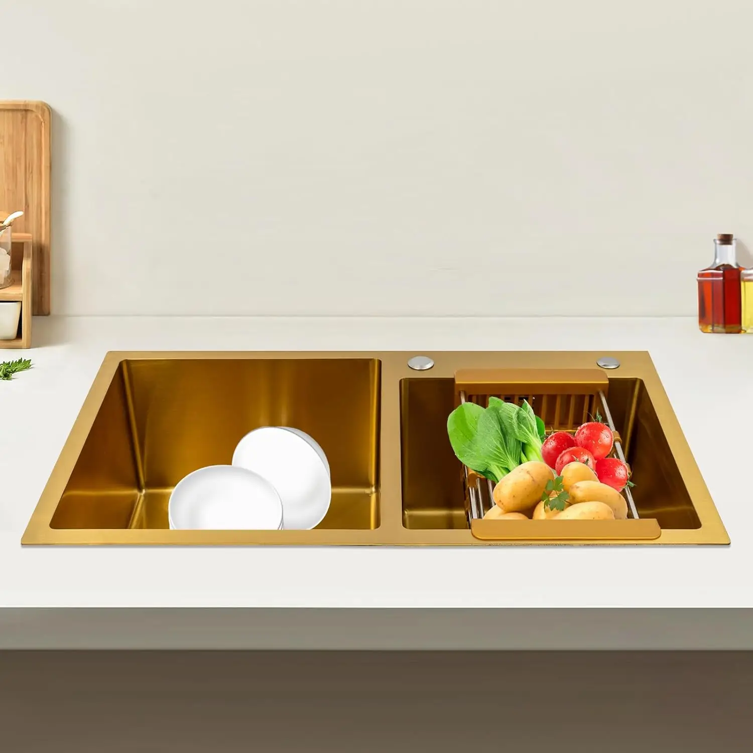 حوض مطبخ مزدوج الوعاء، حوض مطبخ من الفولاذ المقاوم للصدأ، حوض مطبخ ذهبي، أحواض مطبخ من الفولاذ المقاوم للصدأ مثبتة على الأعلى 31.5X17.72X8.6