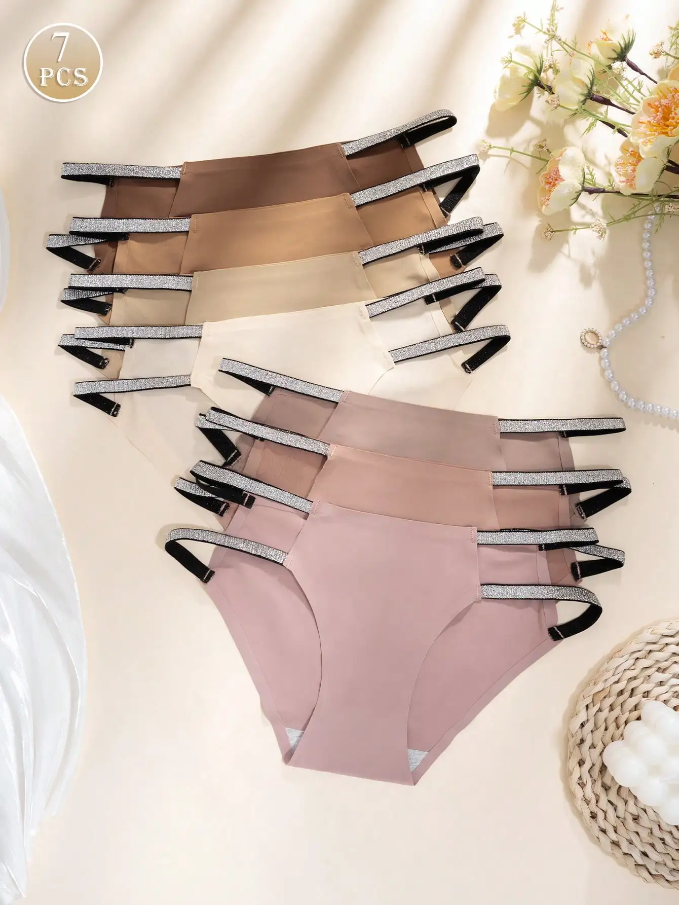 7 Pcs Women Seamless Ice Silk Brief Panties, Glitter Silver Strap Low Rise No Visible Panty Line Underwear, Ladies Daily Fitness