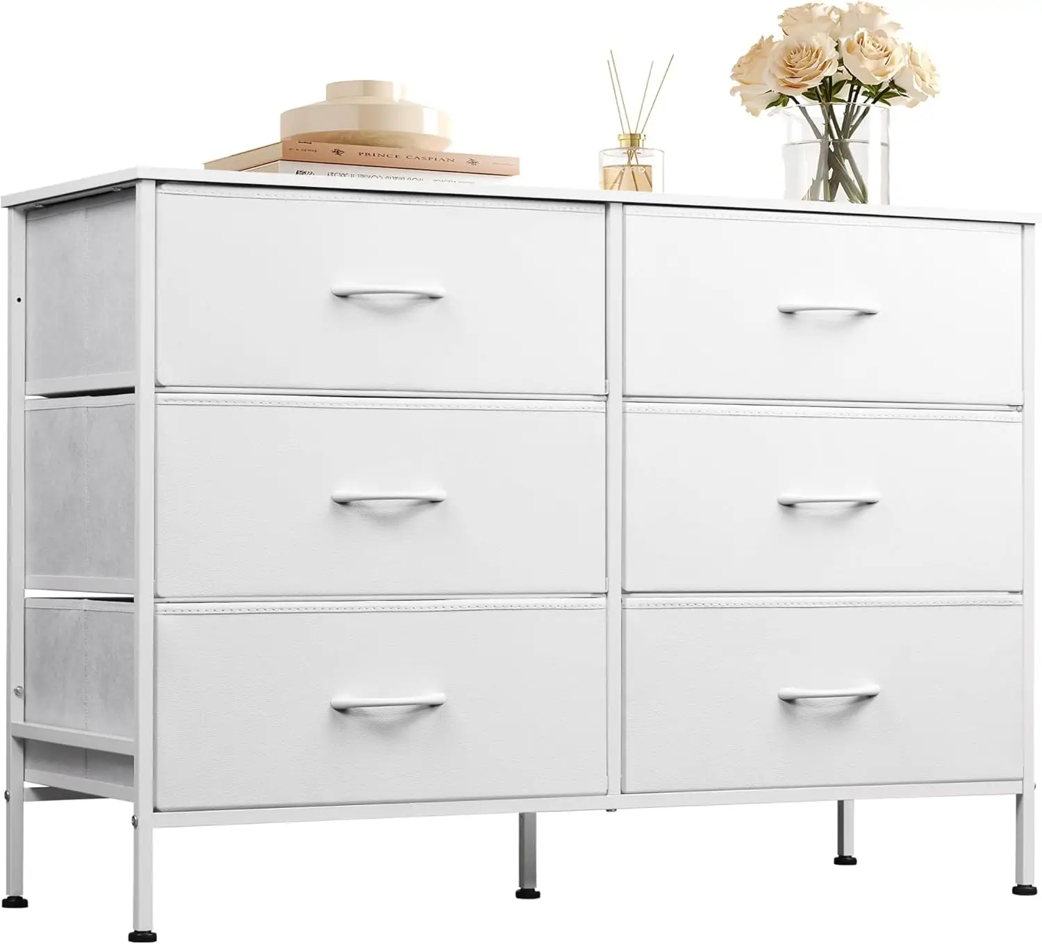 

Широкий комод WLIVE с 6 тканевыми ящиками, подставка под телевизор для телевизора 50 дюймов, комод с металлическим каркасом, деревянной столешницей, тканевые комоды для хранения вещей