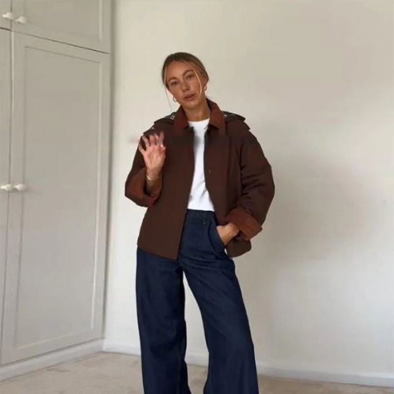 

Detachable Hat Women Jacket Trendy Corduroy Collar Patchwork Casual Coat Melard Brown Pocket Outwear 2025 New Daily Lady Jackets