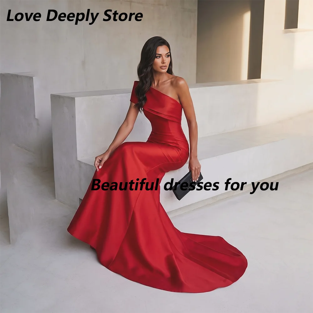 Red Evening Dress Customized One Shoulder Pleat Satin Mermaid Prom Gown Floor Length Party Dresses Wedding Guest Dress image 4