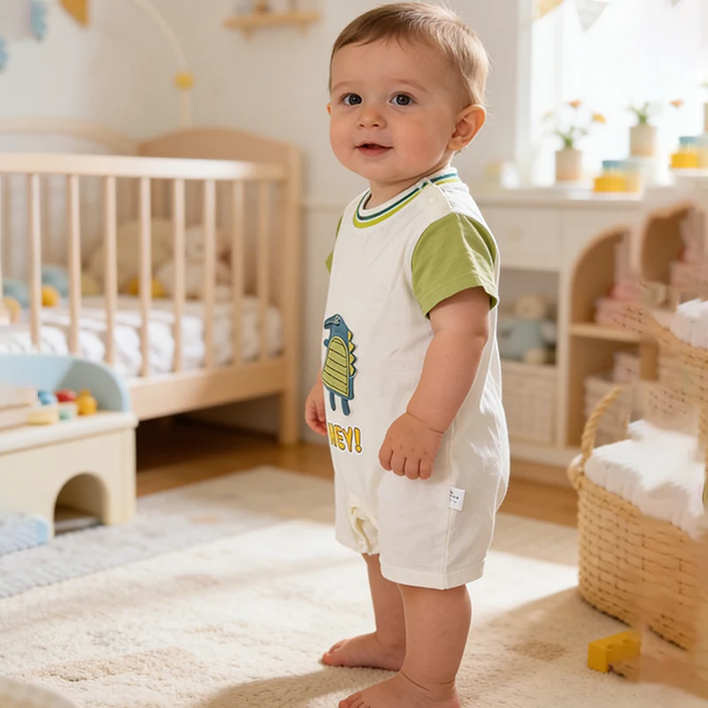 Sommer-Strampler für Neugeborene Jungen, Niedlicher Dinosaurier-Kurzarm-Body, Weicher Baumwoll-Spielanzug für Kleinkinder