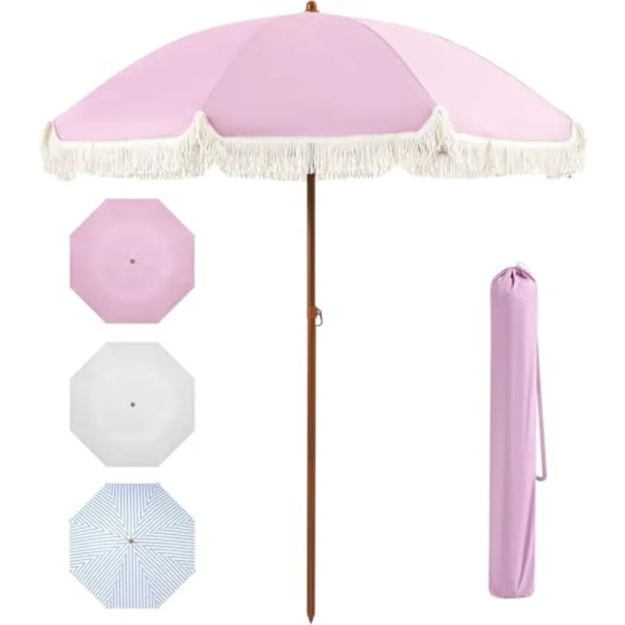 

Patio Umbrella with Fringe for Outdoor Beach Use, Aluminum Pole, Push Button Tilt Ribs, Carry Bag Included, UV 50+ Protection,