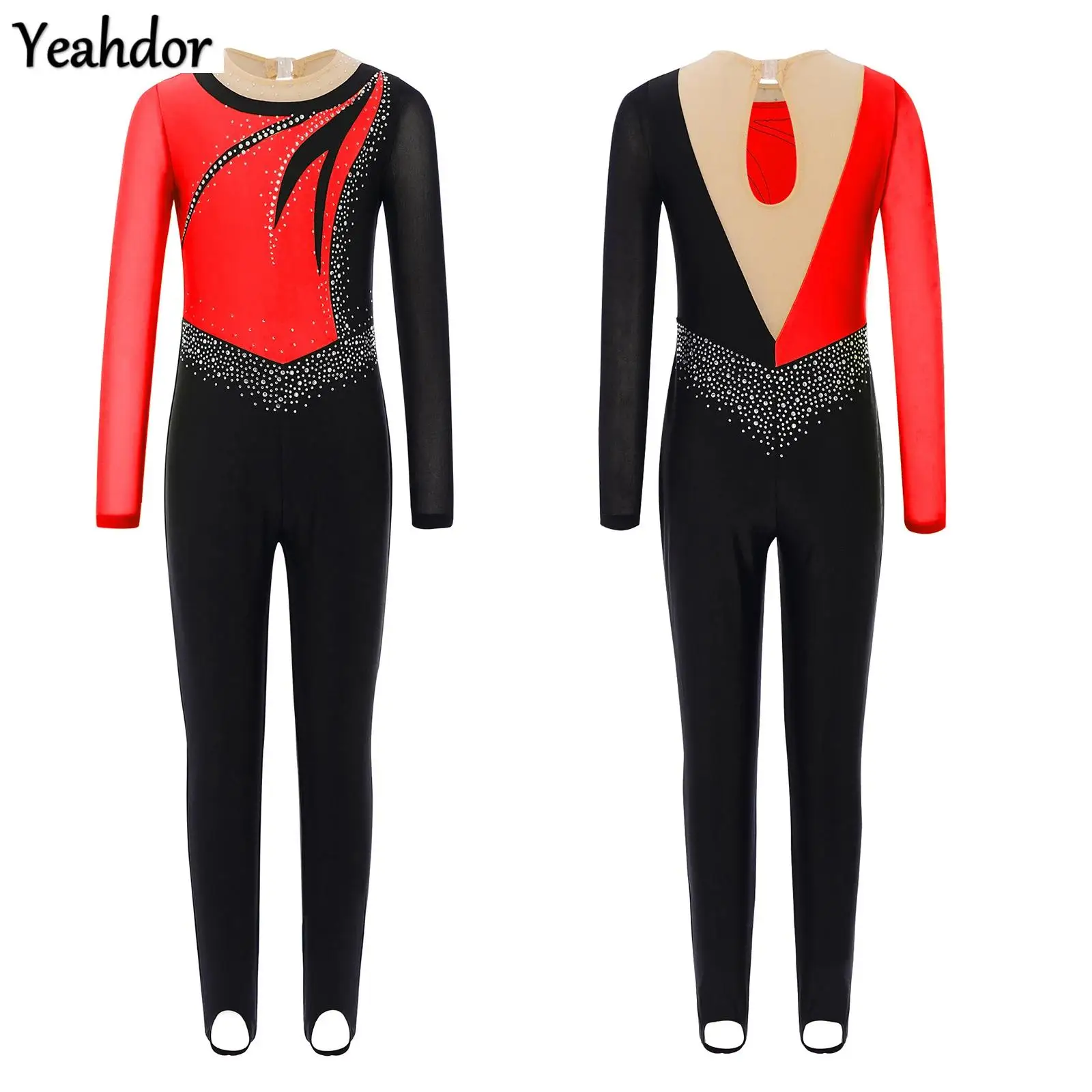 

Girls Long Sleeves Gymnastics Dance Jumpsuit Color Block Mesh Rhinestone Full Body Unitard Ballet Dance Leotard Skating Bodysuit