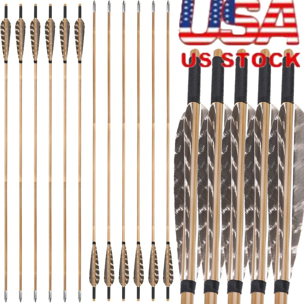 Target Bamboo Arrows 12pcs 85cm OD 8mm 5 Inch Turkey Feather 125 Grain Points for Traditional Longbow Hunting Practice
