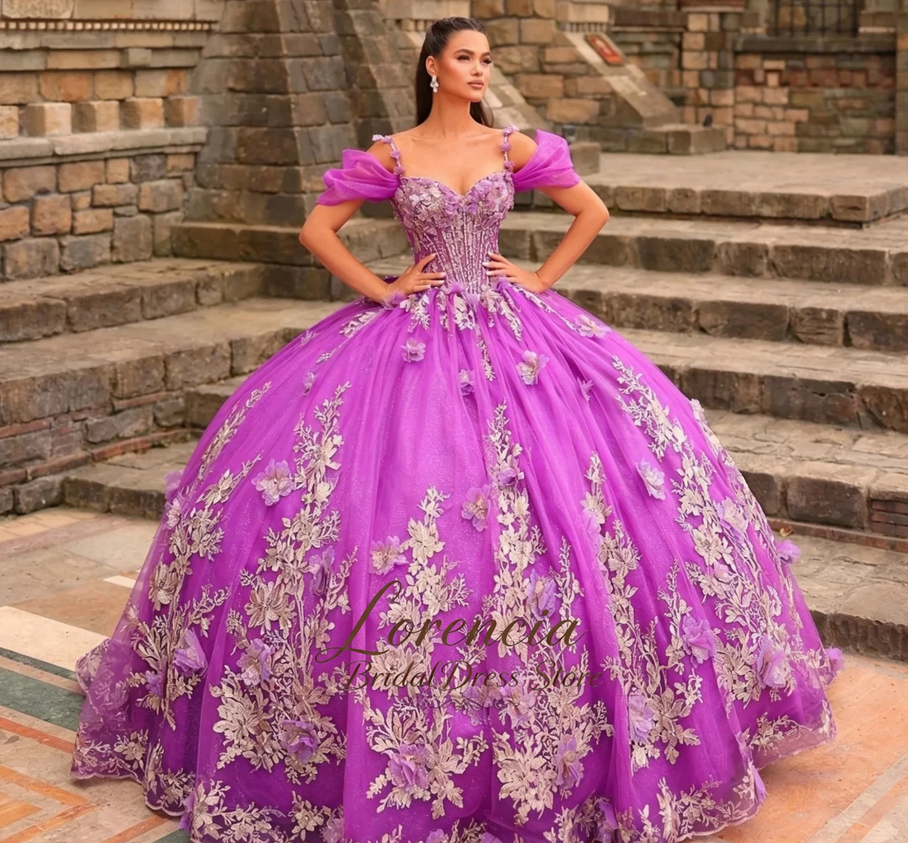 Customized Quinceanera Dress With Sweetheart Neck Off Shoulder Sleeves Sparkly Tulle Ball Gown  Vestidos De 15 Anos