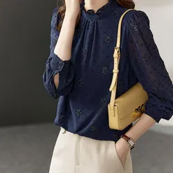 Office Lady Stand Collar Edible Tree Fungus Blouse Spring Autumn Embroidery Fashion Button Folds All-match Loose Spliced Shirt