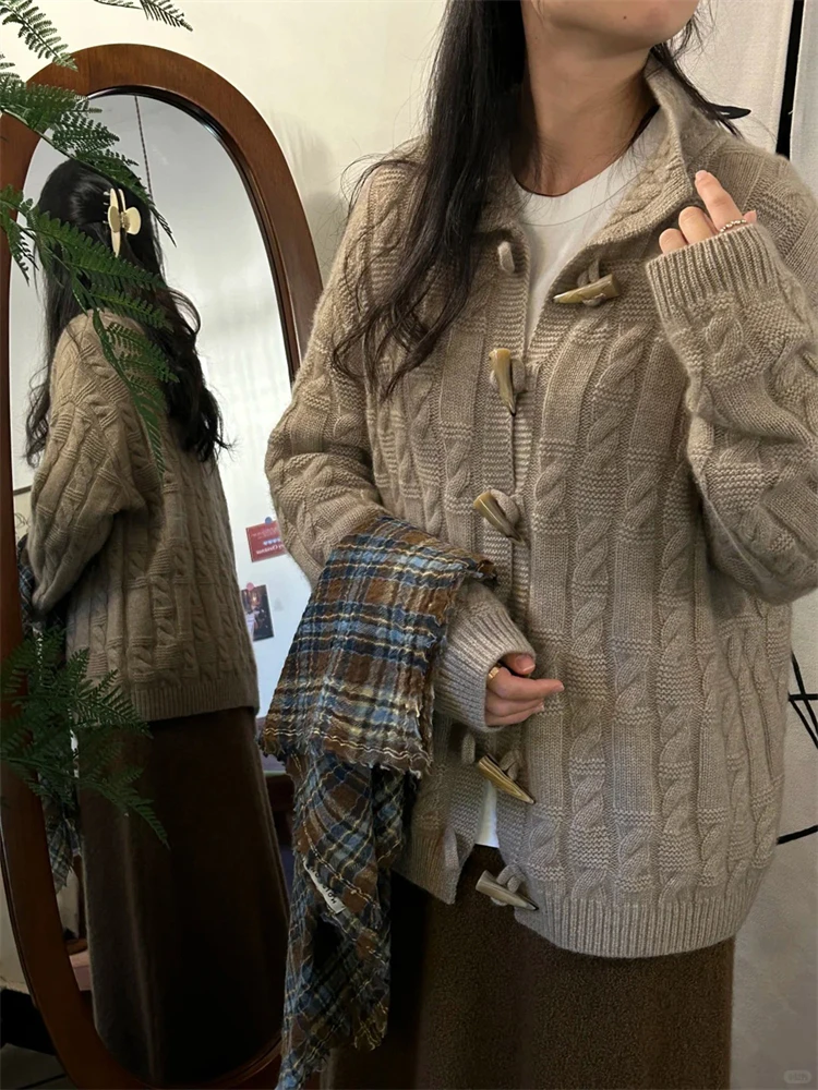 

Женский вязаный кардиган из 100% мериносовой шерсти, однотонный кардиган с лацканами и роговицами, осень-зима, мягкая роскошная одежда, теплый удобный топ