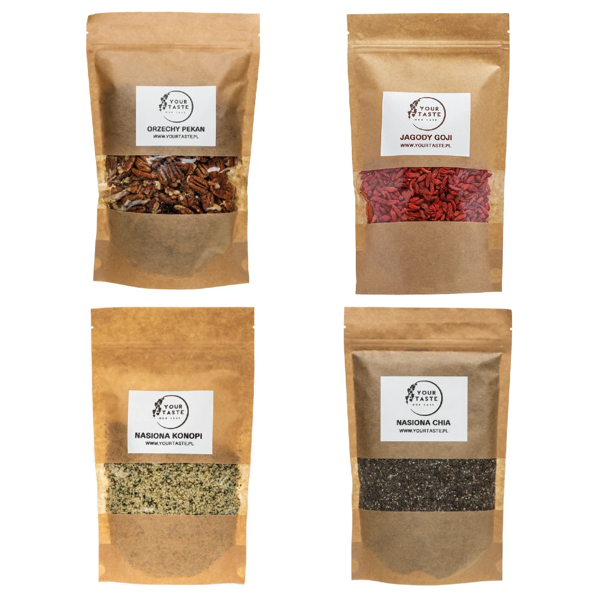 Your Taste Zestaw superfood - Pekan 500g + Goji 500g + Nasiona konopi 500g + Chia 500g