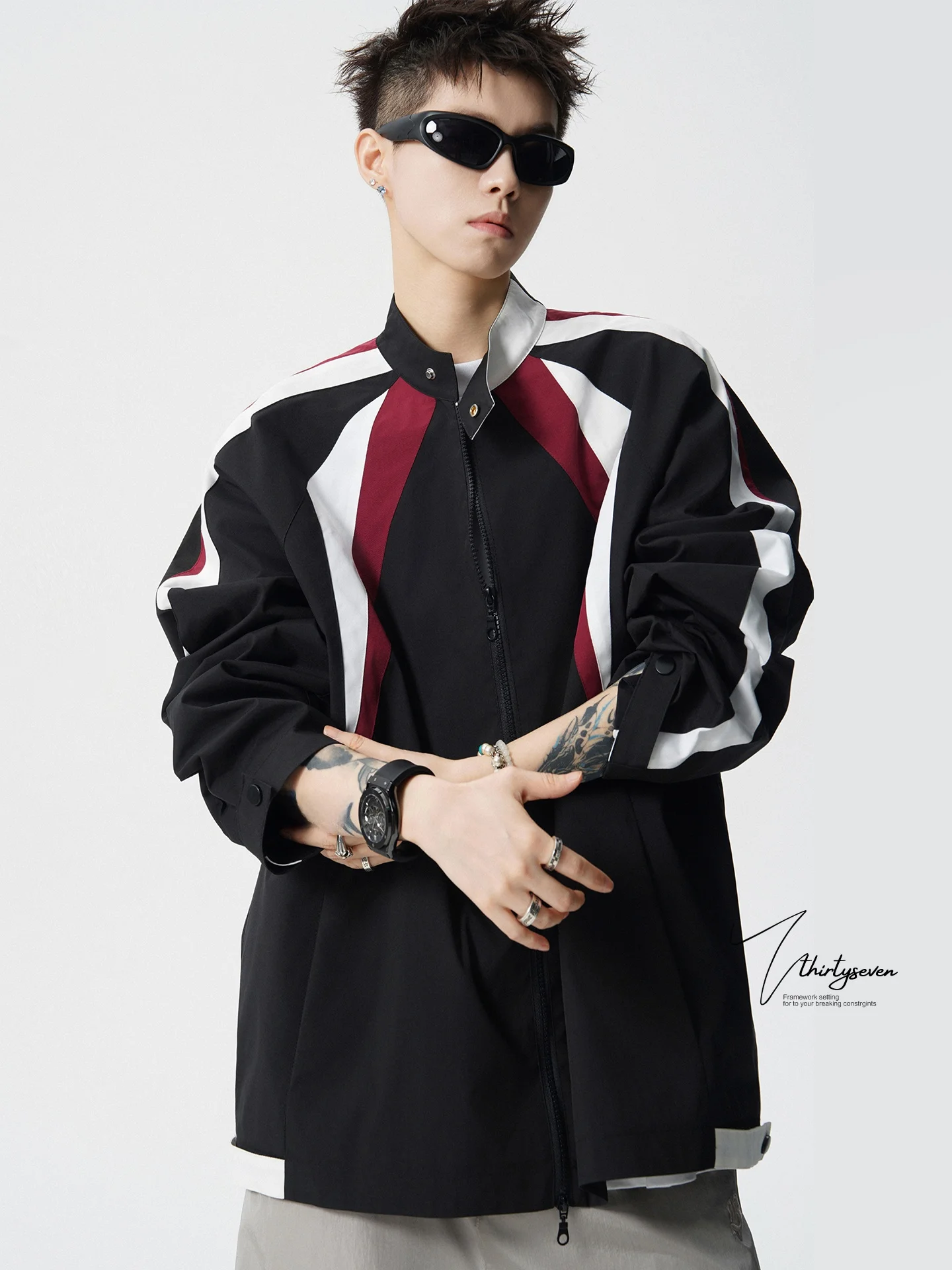 

V37 American Spliced Stand Collar Jaet Men's Trendy Zipper Motorcycle High Street Color Blo Couple's Outerwear