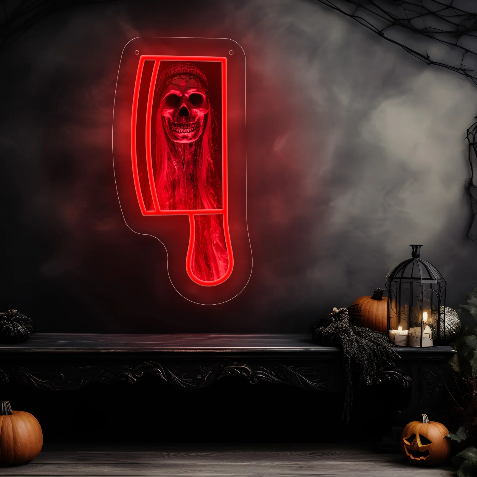 Terror Skull Neon Sign LED Halloween Rood Mes Neonlicht voor Slaapkamer Party Shop Club Restaurant Etalage Decor Dimbaar