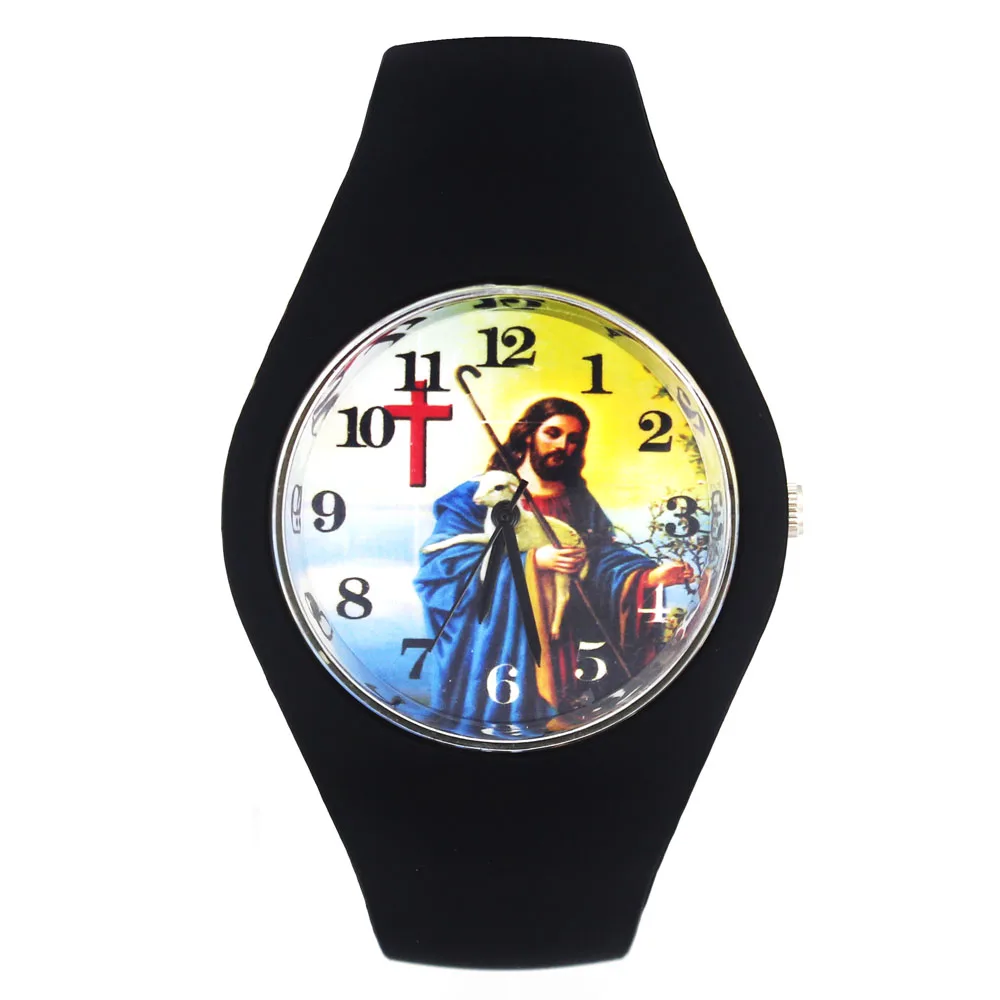 

Jesus Christ Shepherd Cross Easter Day Christmas Gift Fashion Women Men Sport Silicone Strap Analog Quartz Wrist Watch